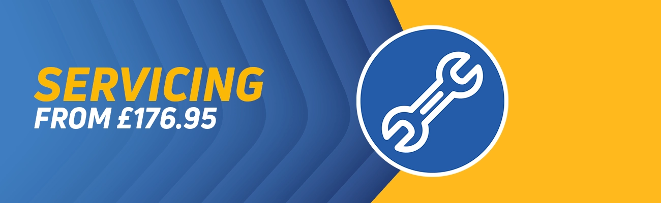 An image of a spanner with a blue and yellow background, with the text Servicing from &pound;176.95