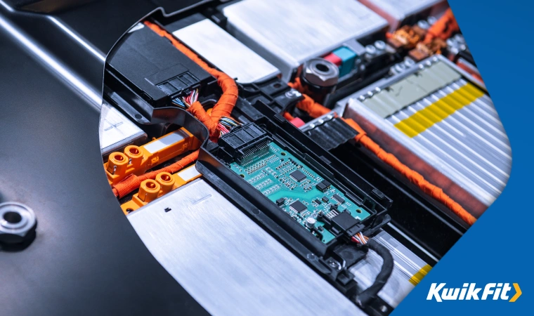 Close up of a circuit within a lithium ion battery assembly � likely to be a controller that helps regulate the charge.